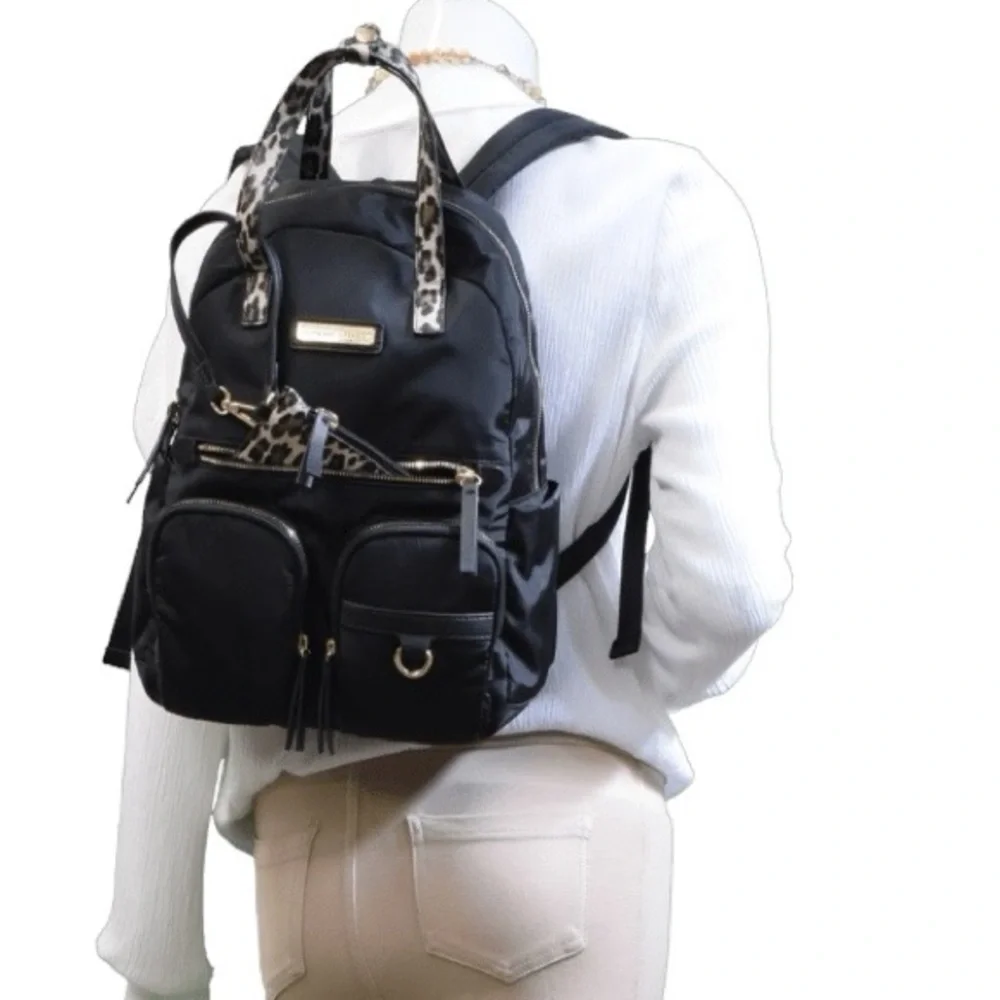 Adrienne Vittadini Top Handle Black and Leopard Print Backpack